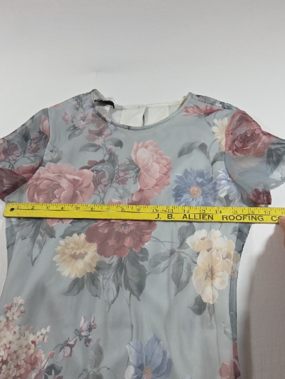 Vintage Floral Maxi Dress Dusty Blue Pink Blooms Sheer Overlay Stretch Bridal - Picture 4 of 9